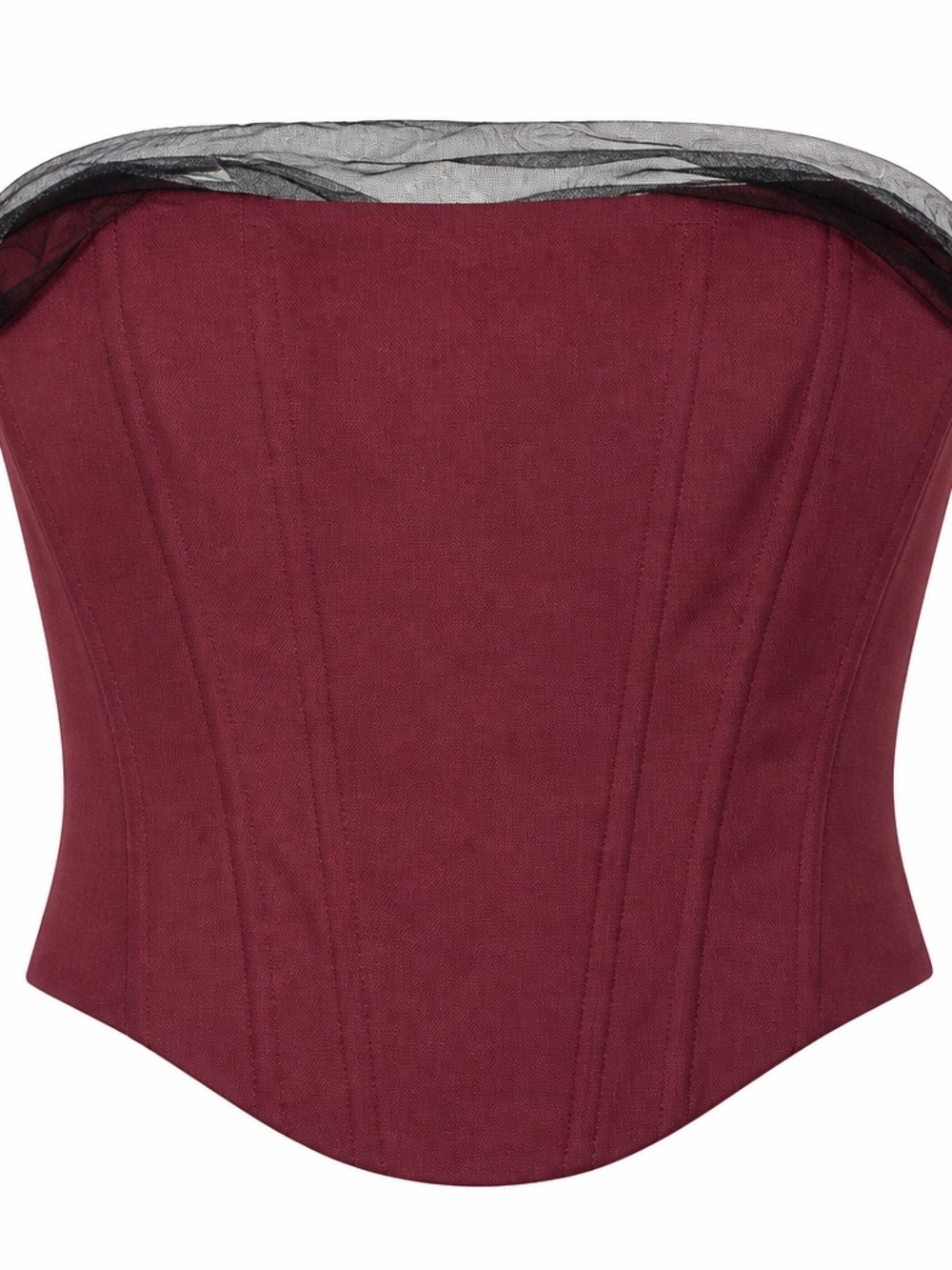 Windsor Burgundy Strapless Crop Top Black Mesh Overlay XS